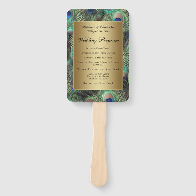 Golden Peacock Feather Wedding Program Hand Fan (Front)