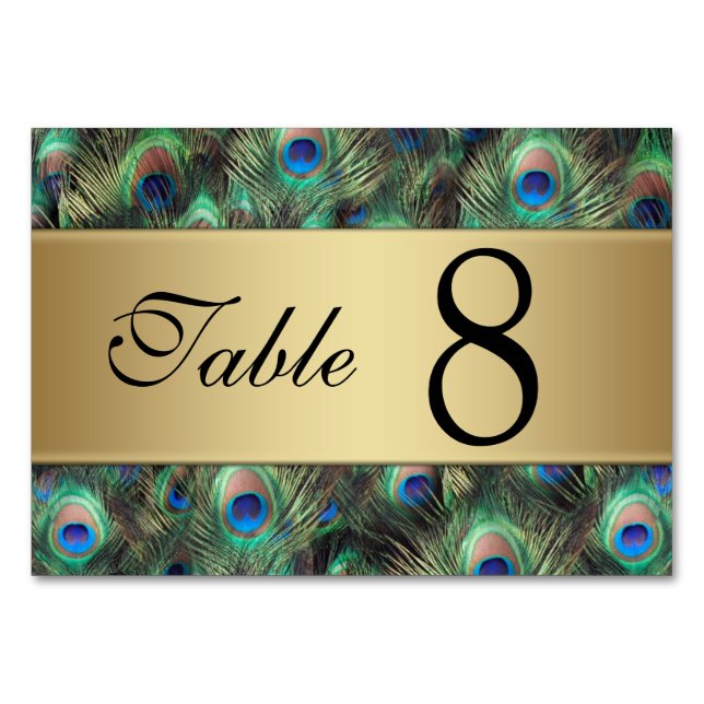 Golden Peacock Feather Wedding Table Number (Front)
