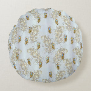 Golden Peacock Feathers and Leaves Round Pillow