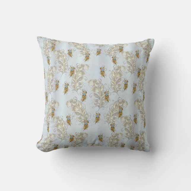 Golden Peacock Feathers and Leaves Throw Pillow (Front)
