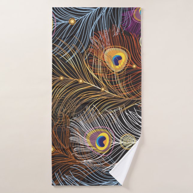 Golden peacock feathers: dark pattern. bath towel (Bath Towel)
