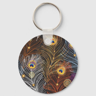 Golden peacock feathers: dark pattern. keychain