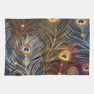 Golden peacock feathers: dark pattern. kitchen towel