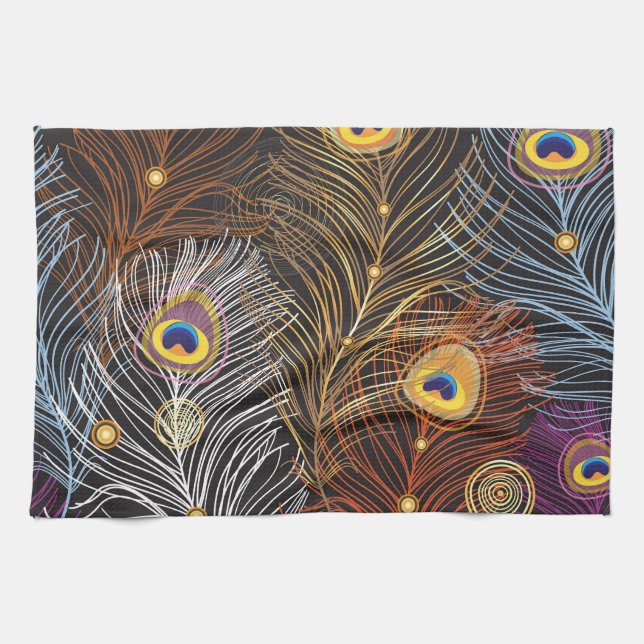 Golden peacock feathers: dark pattern. kitchen towel (Horizontal)