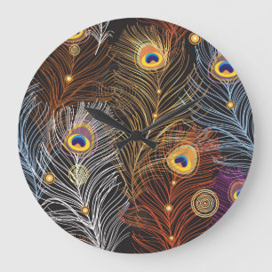 Golden peacock feathers: dark pattern. large clock