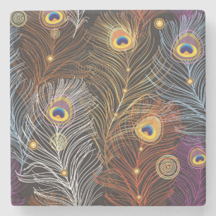 Golden peacock feathers: dark pattern. stone coaster