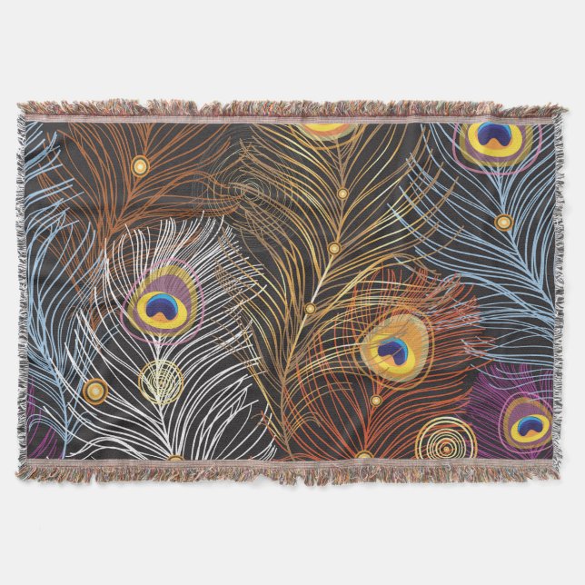 Golden peacock feathers: dark pattern. throw blanket (Front)