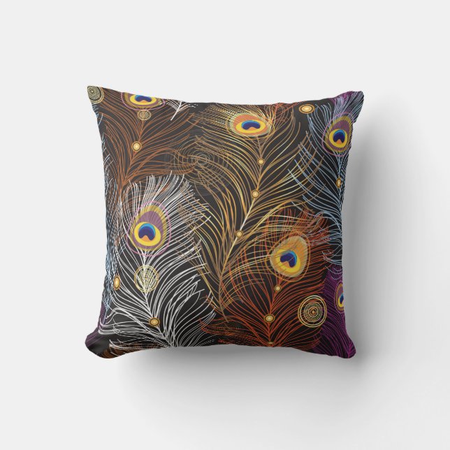 Golden peacock feathers: dark pattern. throw pillow (Front)