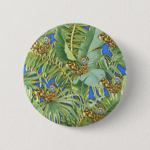 Golden Peacock Leaves on Cerulean Blue 2 Inch Round Button