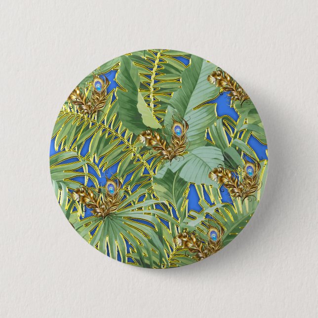 Golden Peacock Leaves on Cerulean Blue  2 Inch Round Button (Front)