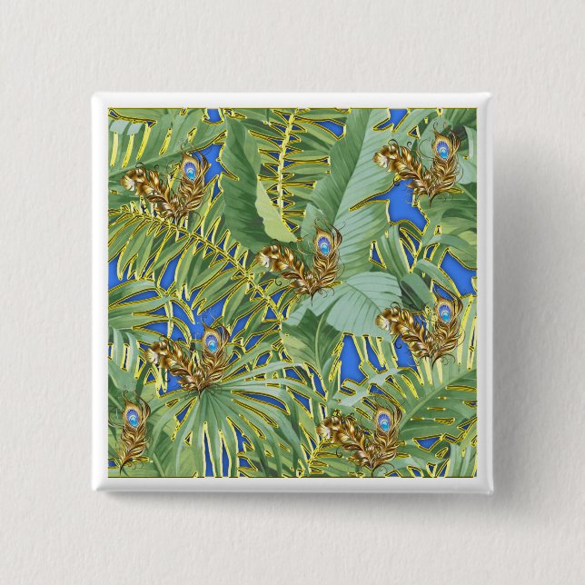 Golden Peacock Leaves on Cerulean Blue 2 Inch Square Button (Front)