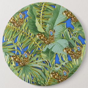 Golden Peacock Leaves on Cerulean Blue 6 Inch Round Button