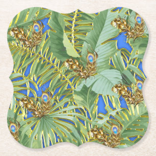 Golden Peacock Leaves on Cerulean Blue Paper Coaster
