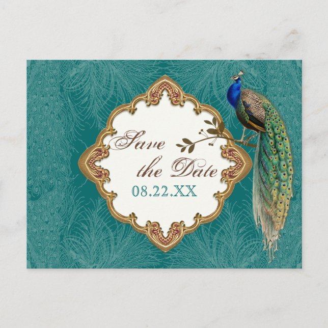 Golden Peacock & Swirls - Save the Date Postcard (Front)
