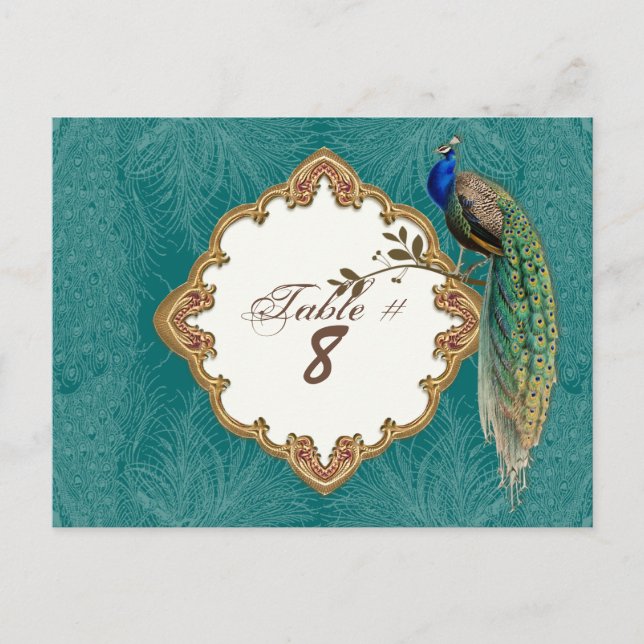 Golden Peacock & Swirls - Table Number Cards (Front)