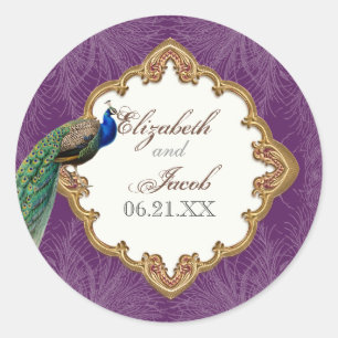 Golden Peacock & Swirls - Wedding Sticker or Seal