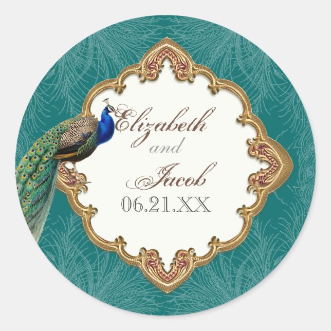 Golden Peacock & Swirls - Wedding Sticker or Seal (Front)