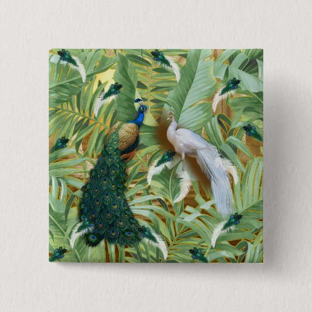 Golden Peacock Temple Dreams Collection 2 Inch Square Button (Front)