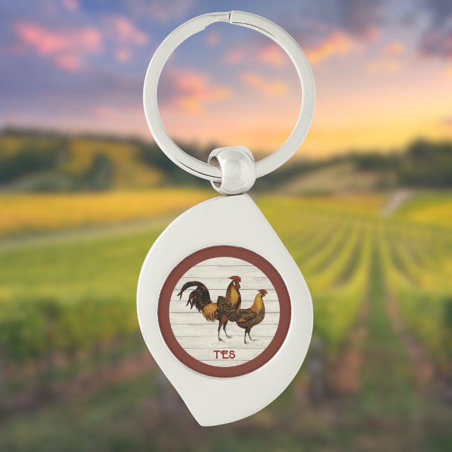 Golden Penciled Hamburg Roosters Maroon Monogram  Keychain (Creator Uploaded)