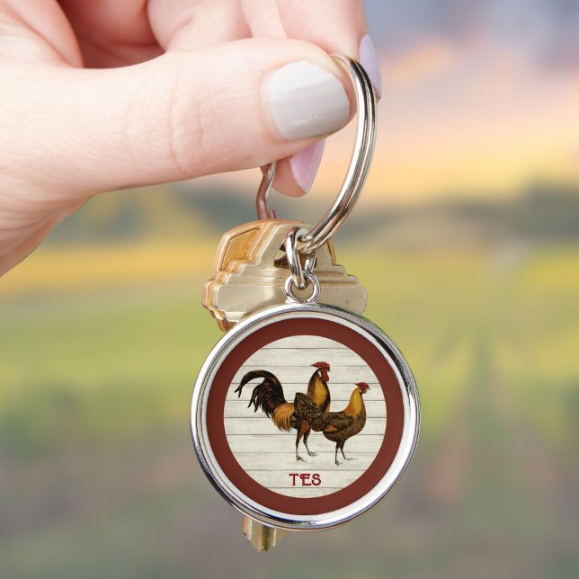 Golden Penciled Hamburg Roosters Maroon Monogram  Keychain (Creator Uploaded)