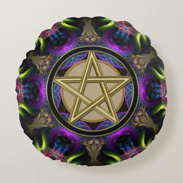 Golden Pentacle Magick Round Pillow (Front)