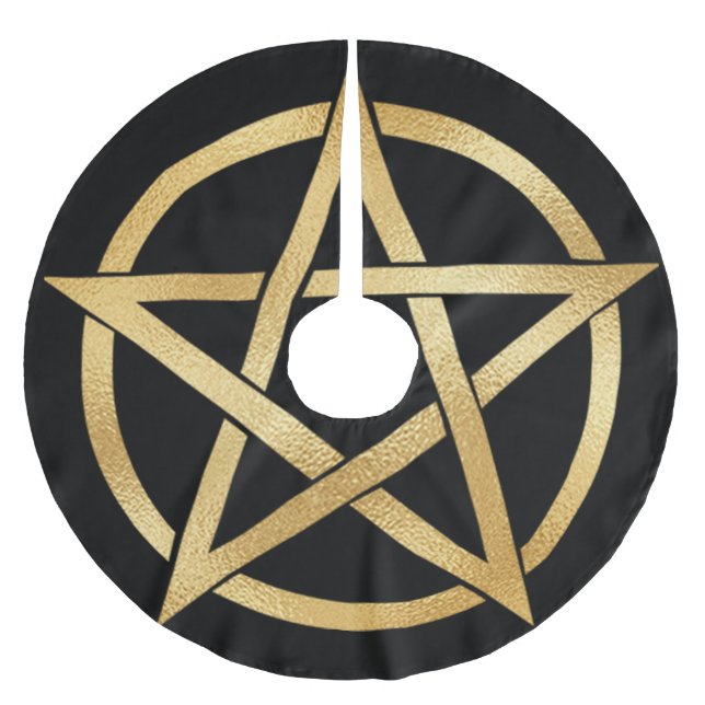 Golden Pentagram on Black Brushed Polyester Tree Skirt (Front)