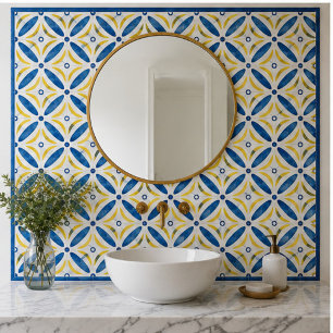 Golden Petals Modern Blue Yellow Floral Mosaic Tile