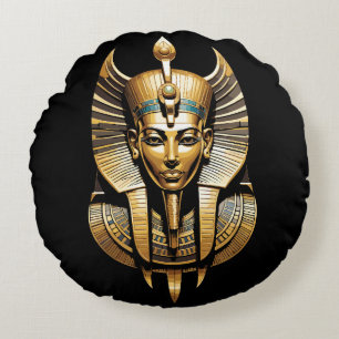 Golden Pharaoh in Regal Headdress Art Round Pillow