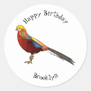 Golden pheasant bird cartoon illustration classic round sticker