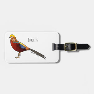 Golden pheasant bird cartoon illustration luggage tag