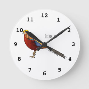 Golden pheasant bird cartoon illustration round clock