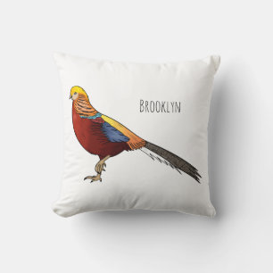 Golden pheasant bird cartoon illustration throw pillow
