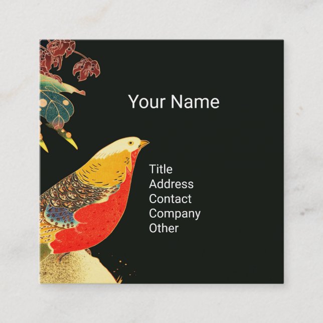 Golden Pheasant in Snow Antique Japanese Floral  Square Business Card (Front)