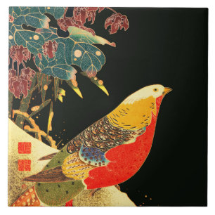 Golden Pheasant in Snow Antique Japanese Floral  Tile