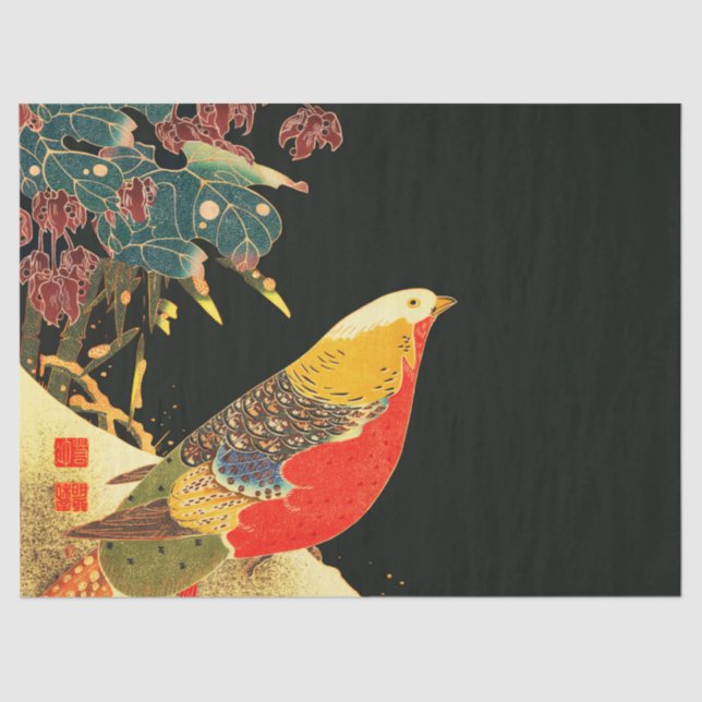 Golden Pheasant in Snow Antique Japanese Floral  Tissue Paper (Front)