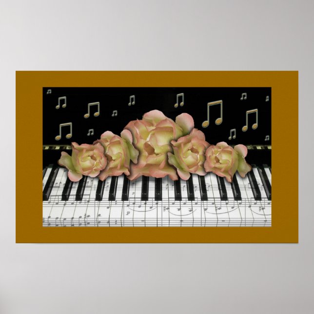 Golden Piano Keyboard Notes and Roses Poster (Front)