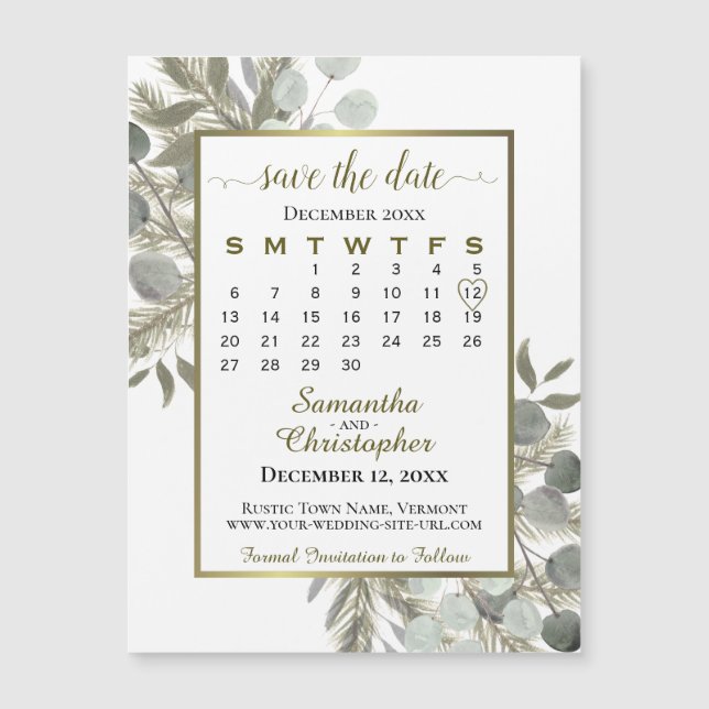 Golden Pine Wedding Save the Date Calendar (Front)
