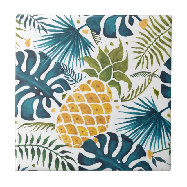 Golden pineapple blue palm leaves foliage on white tile (Front)