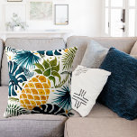 Golden pineapple blue palm leaves foliage white throw pillow<br><div class="desc">A large golden pineapple on a blue and green coloured palm tree leaves foliage pattern. White background.</div>