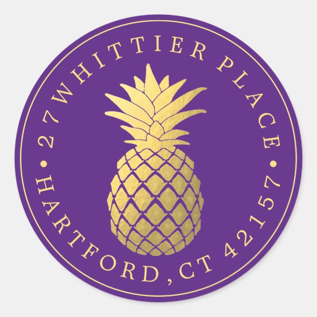 Golden Pineapple | Elegant Address Classic Round Sticker (Front)