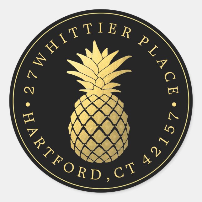 Golden Pineapple | Elegant Address Classic Round Sticker (Front)