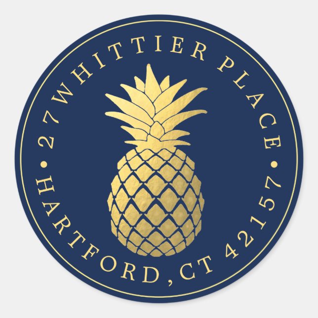 Golden Pineapple | Elegant Address Classic Round Sticker (Front)