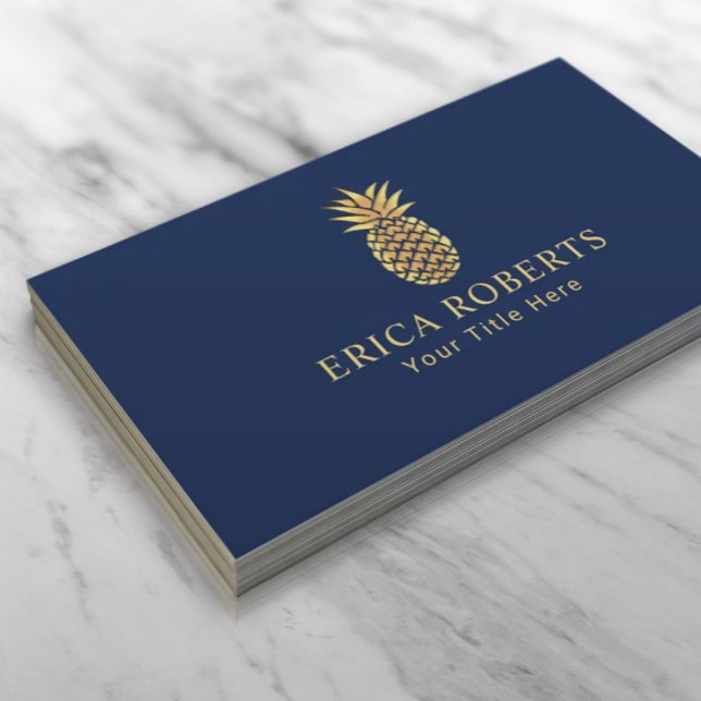 Golden Pineapple Logo Elegant Navy Blue Business Card (Creator Uploaded)