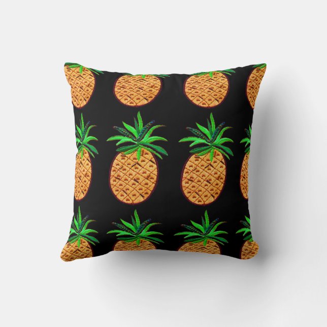 Golden Pineapple on Black Throw Pillow (Back)