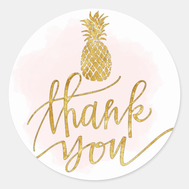 golden pineapple thank you on pink blot classic round sticker (Front)