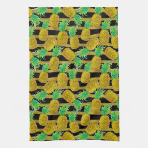 Golden Pineapples On Stripes Kitchen Towel