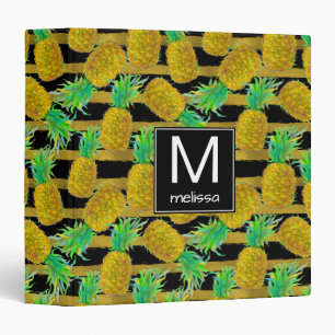 Golden Pineapples On Stripes   Monogram Binder
