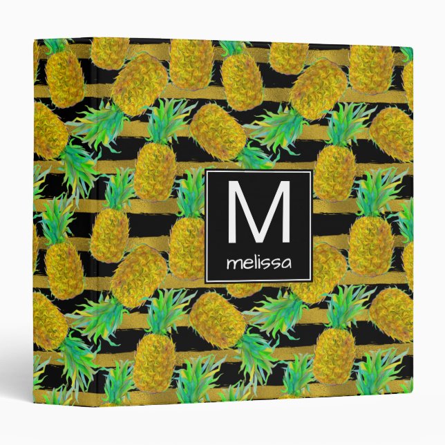 Golden Pineapples On Stripes | Monogram Binder (Front/Spine)