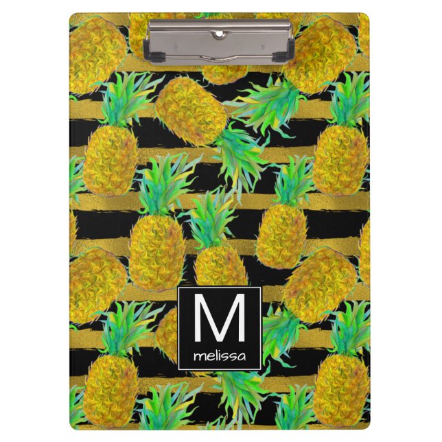 Golden Pineapples On Stripes | Monogram Clipboard (Front)