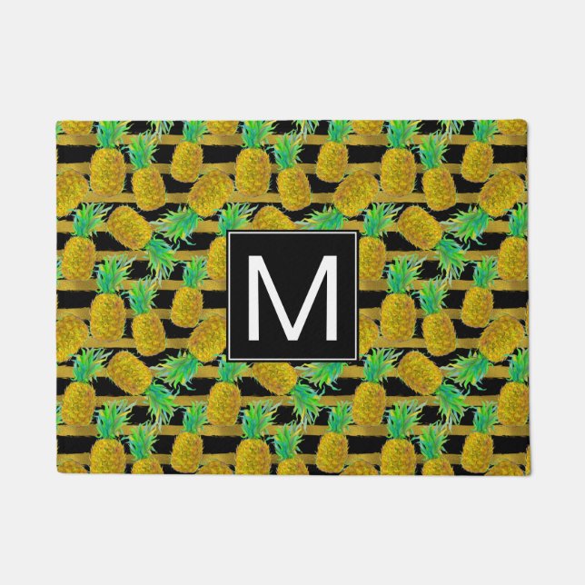 Golden Pineapples On Stripes | Monogram Doormat (Front)